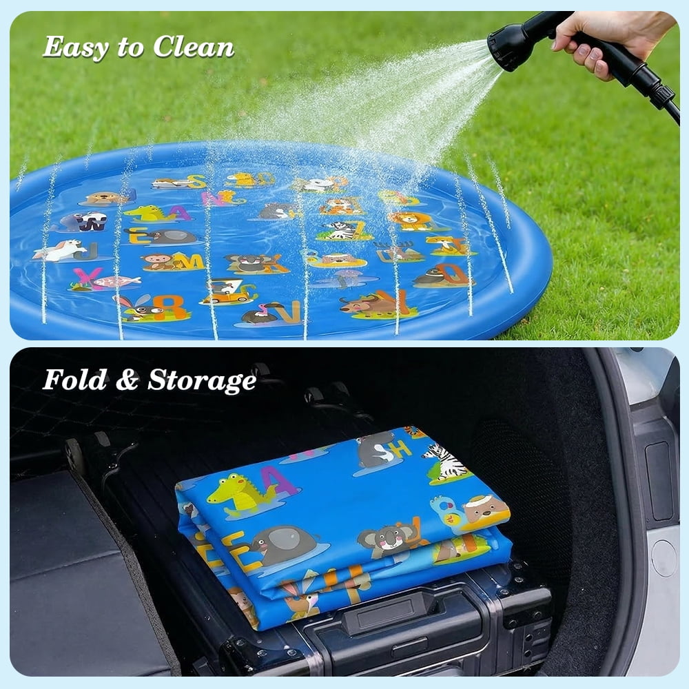Non-Slip Splash Pad for Kids & Dog, 67'' Blue Water Play Mat for Outdoor Lawn Games, with Animals and Letters from A to Z