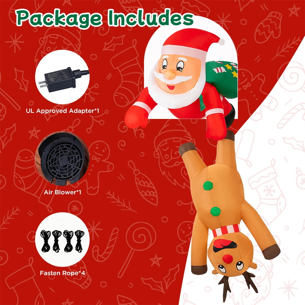 7FT Christmas Inflatable Santa Claus with Reindeer Blow Up Hanging Xmas Inflatables Decor with LED Lights