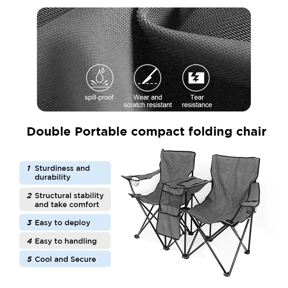 COWIN Outdoor Foldable Picnic Double Chair ,Camping Chairs with Umbrella Camping Double Portable Chairs Folding Beach Chair with Insulation Bag,Backpacking Gray