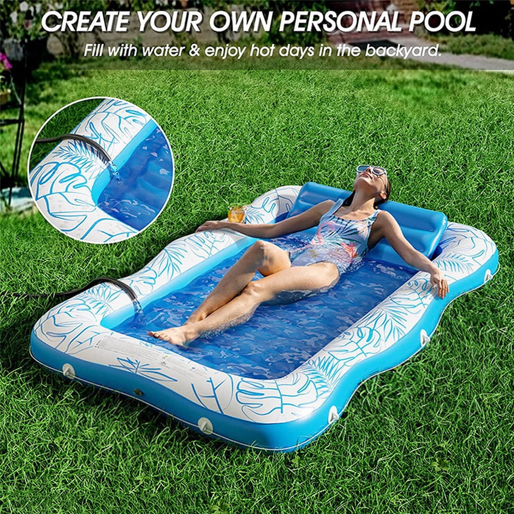 COWIN 77"x 50" Inflatable Tanning Pool Lounger Float, Summer Maple Leaf Water Inflatable Floating Bed with Backrest, Leisure Floating Raft, Water Lounge Floaties Tub with Drink Holder, Blue