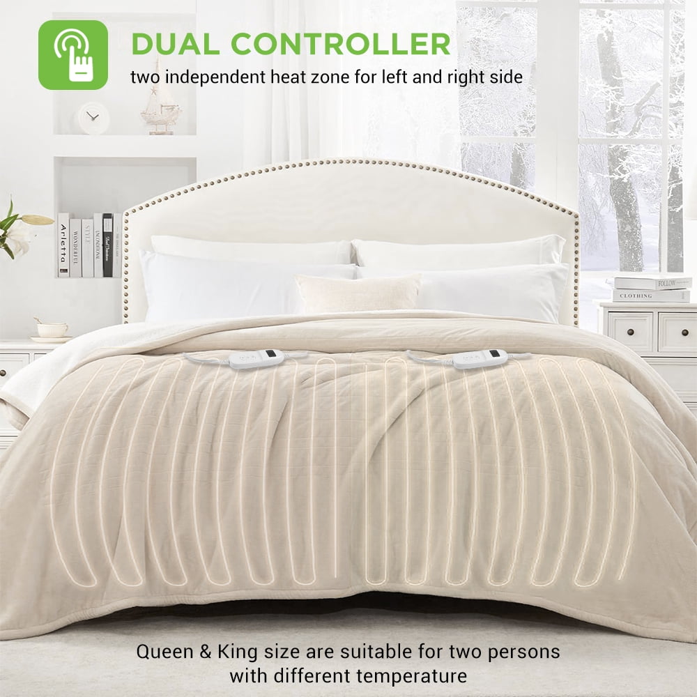 COWIN Electric Blanket Queen Size,Flannel and Soft Cotton Fleece Heated Blanket with 10 Heating Levels & 1-8 Hours Auto Shut Off, Machine Washable, Beige, 84" x 90"