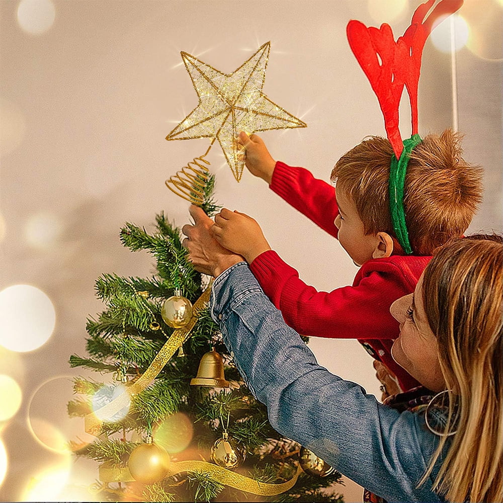 Cowin Christmas Star Tree Topper, Lighted Christmas Tree Topper, Hollow Gold Lighted Tree Star, LED Light up Xmas Tree Topper with 30 LE
