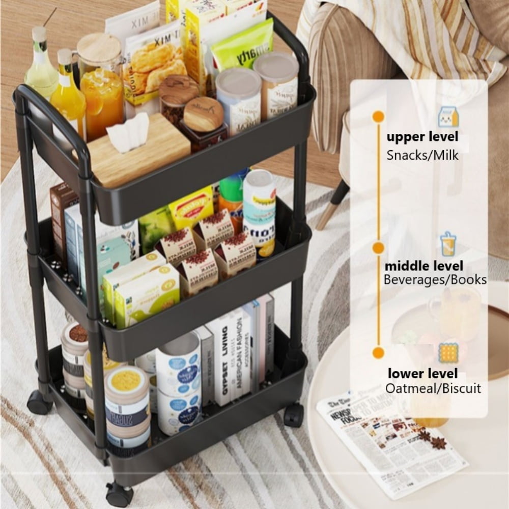 Cowin 3 Tier Metal Rolling Utility Cart with 6 Hooks, Black