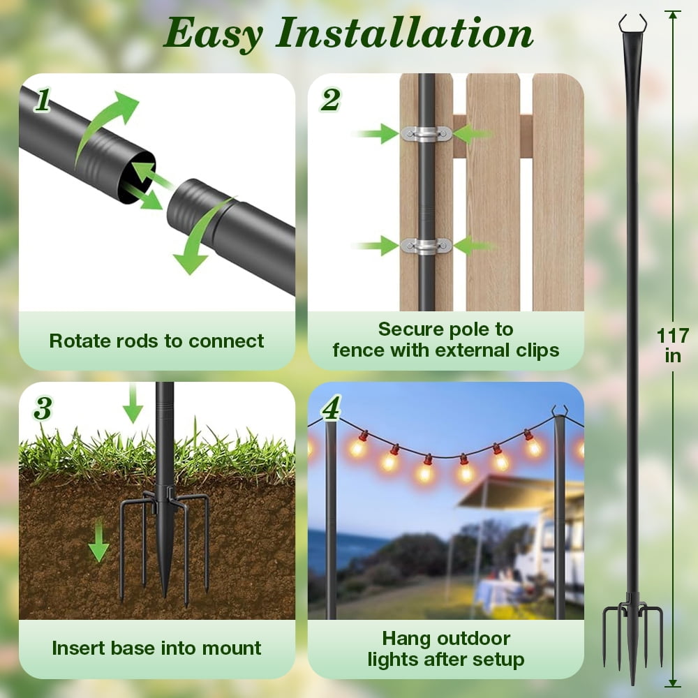 4 Pack String Light Poles,10 Ft Light Poles for Outdoor with Fork,Metal Poles Stand for Patio Deck Backyard