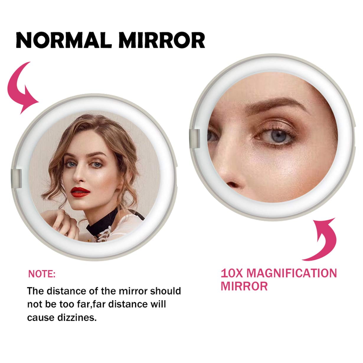 LED Lighted Travel Makeup Mirror, 1x/10x Magnification Compact Mirror, Portable for Handbag, Purse, Pocket, 3.5 inch Illuminated Folding Mirror, Handheld 2-Sided Mirror, Round, White
