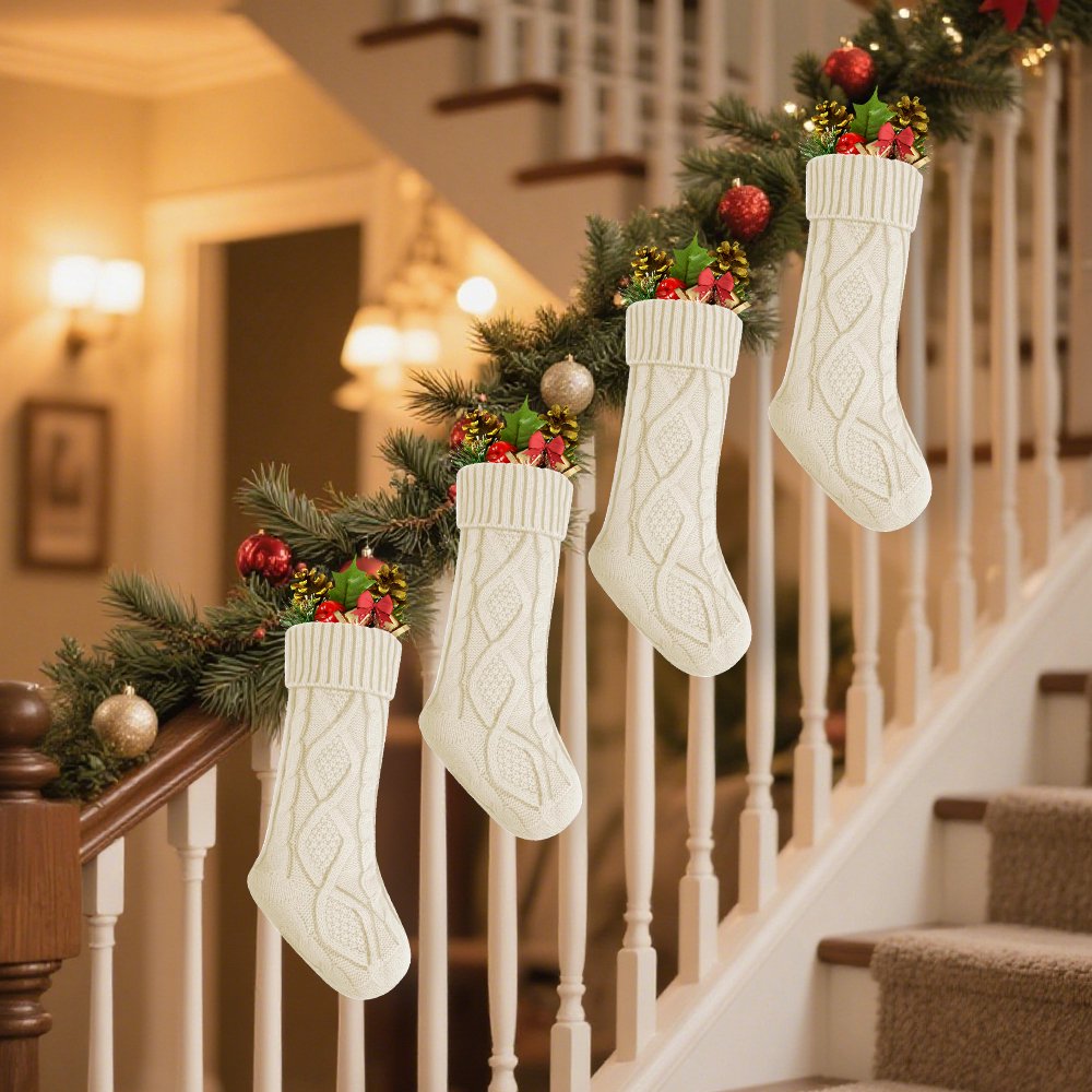 4PACK Christmas Stockings, Knitted Stocking for Holiday Christmas Party Family Decorations (White)