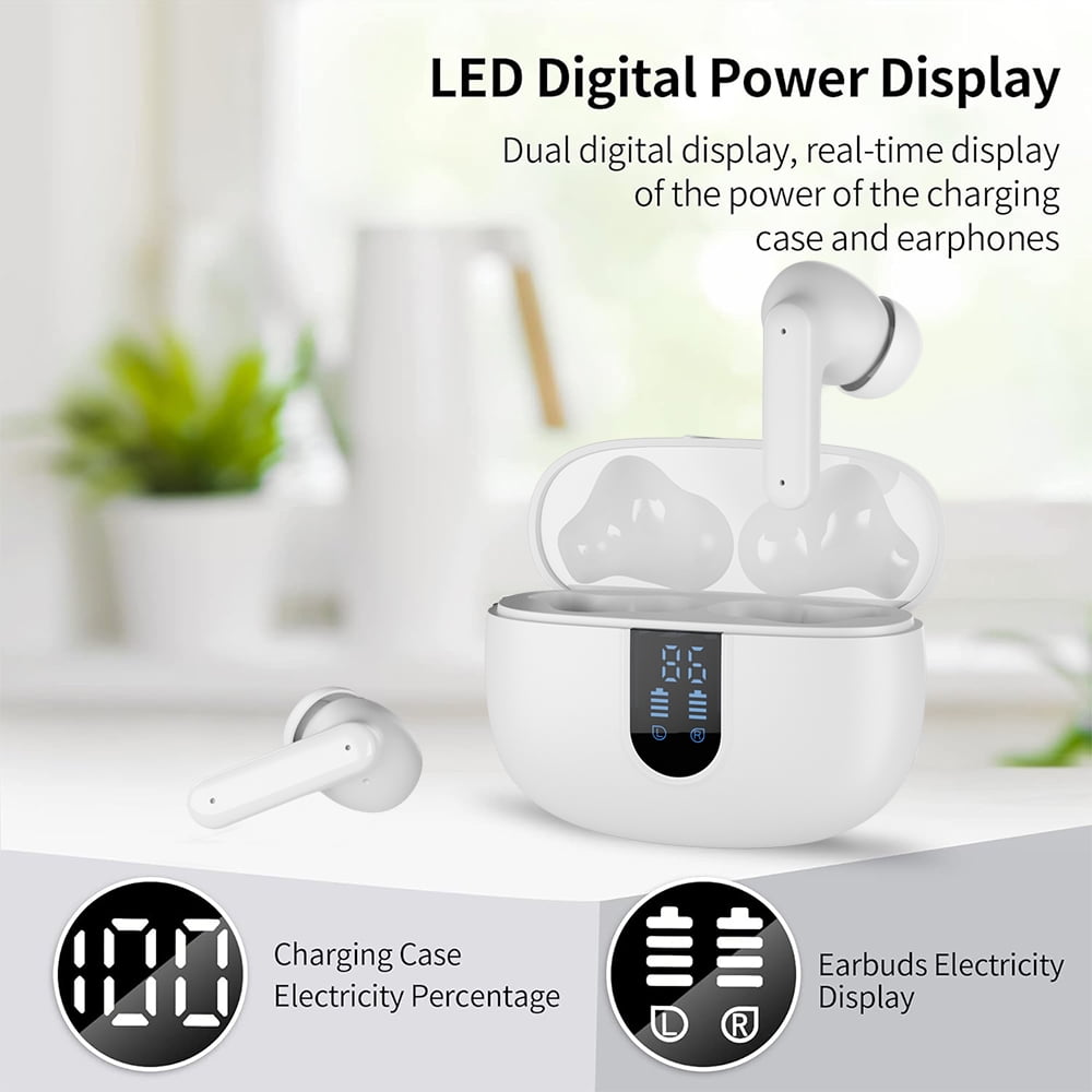 Wireless Earbuds Bluetooth Headphones, with LED Display Charging Case, Waterproof In-Ear Earphones with Mic for iPhone /Android /PC /Laptop, White