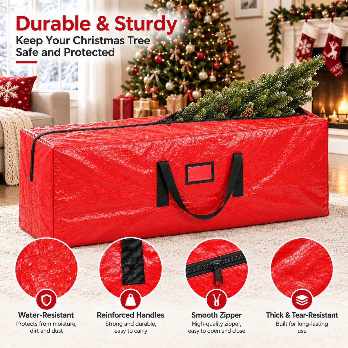 Cowin 9ft Waterproof Christmas Tree Storage Bag, Heavy Duty Extra Large Artificial Christmas Tree Bag with Reinforced Handles and Dual Zippers Wide Opening, Dust/Moisture Protection (Red, 9 ft)