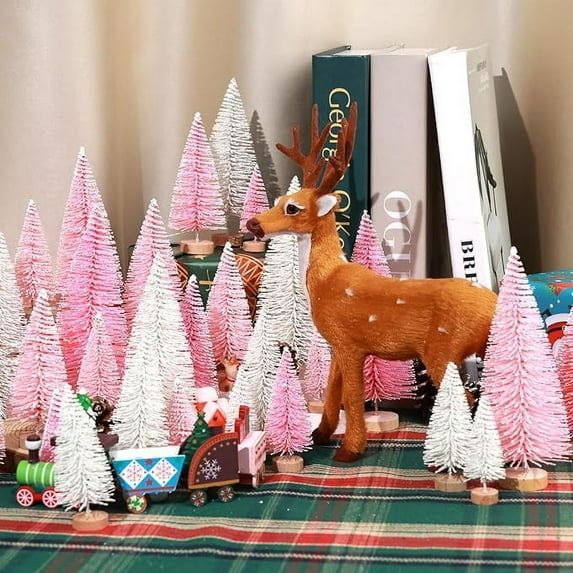 Cowin 30Pcs Mini Christmas Trees Decor, Artificial Christmas Tree 5 Sizes with Wooden Base for Christmas Decor Christmas Party Home Table Craft Decorations (Pink+white)