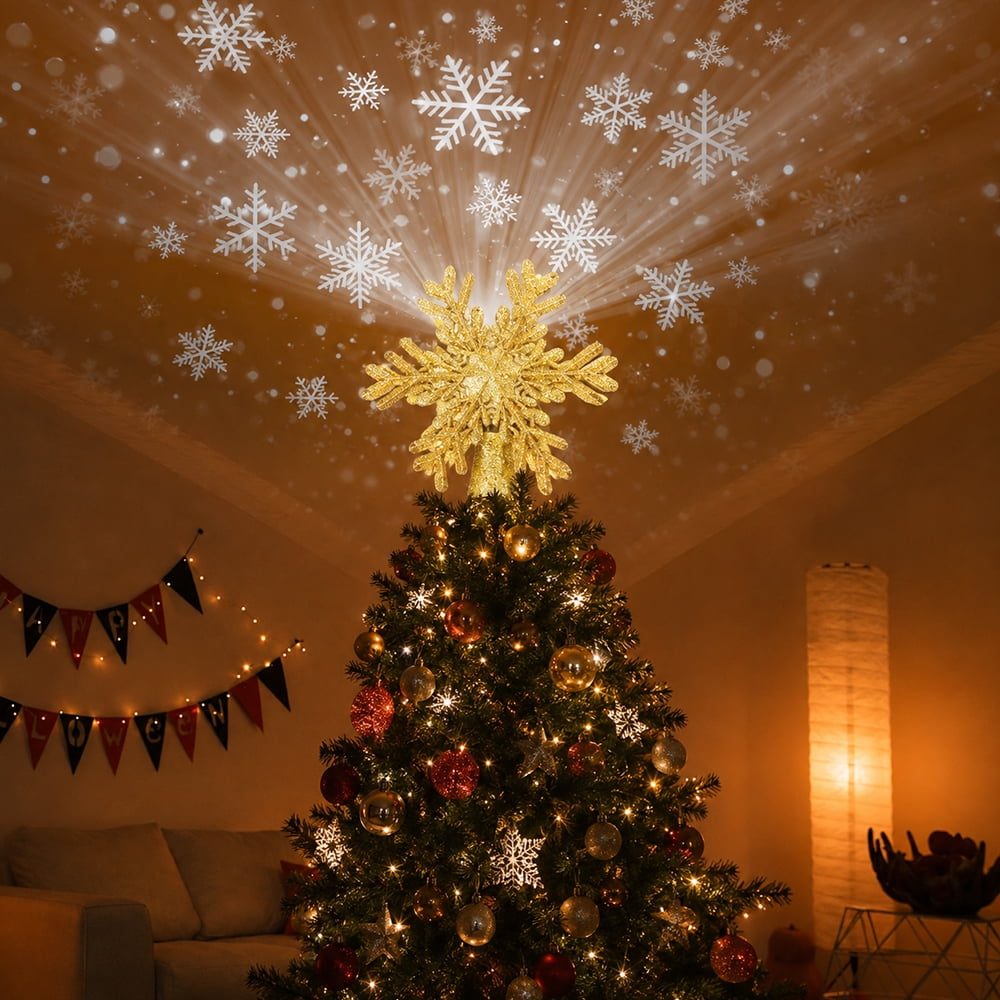 Cowin Christmas Tree Topper Lighted with Snowflake Projector, LED Rotating 3D Glitter Tree Topper for Christmas Tree, Christmas Decorations Lights