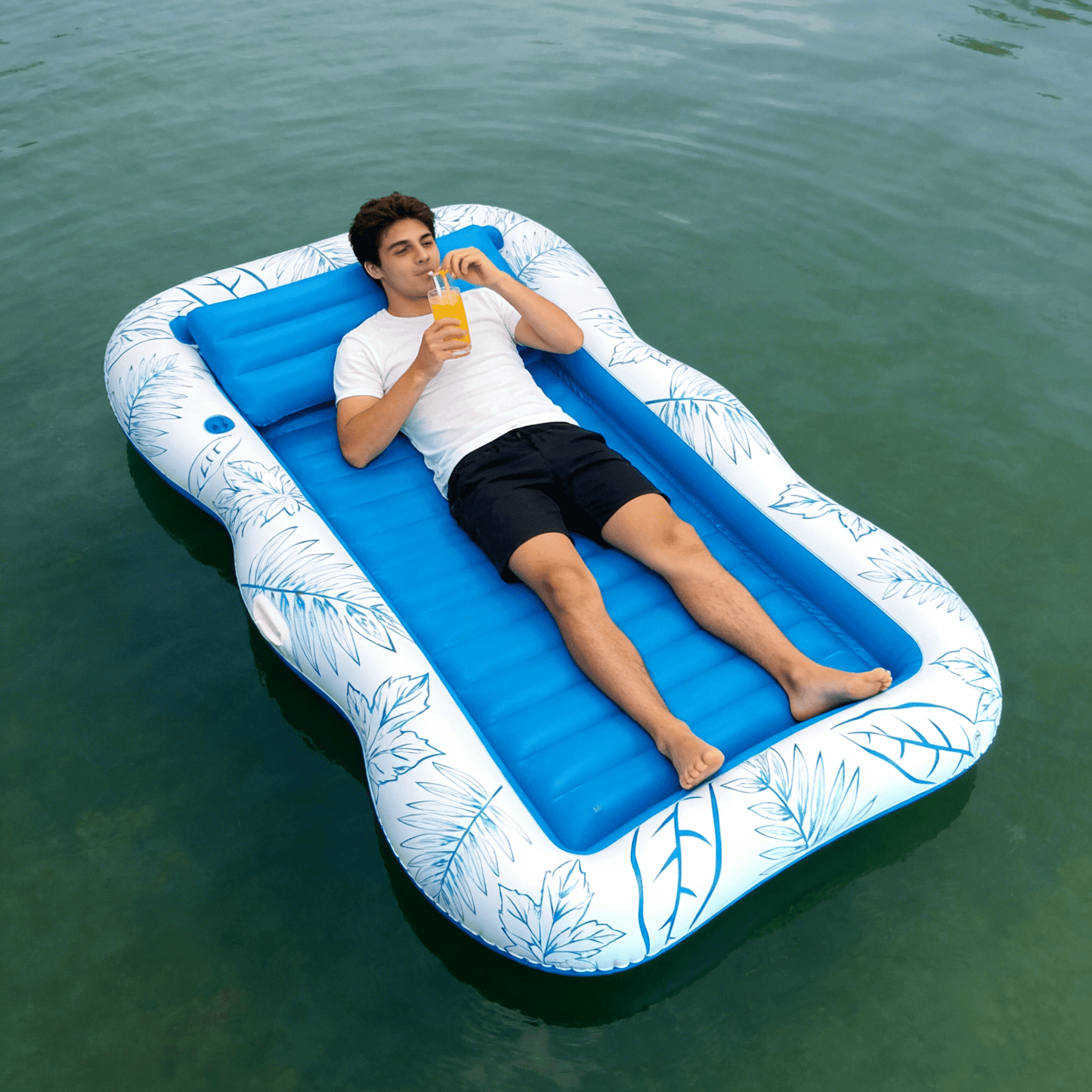 COWIN 77"x 50" Inflatable Tanning Pool Lounger Float, Summer Maple Leaf Water Inflatable Floating Bed with Backrest, Leisure Floating Raft, Water Lounge Floaties Tub with Drink Holder, Blue