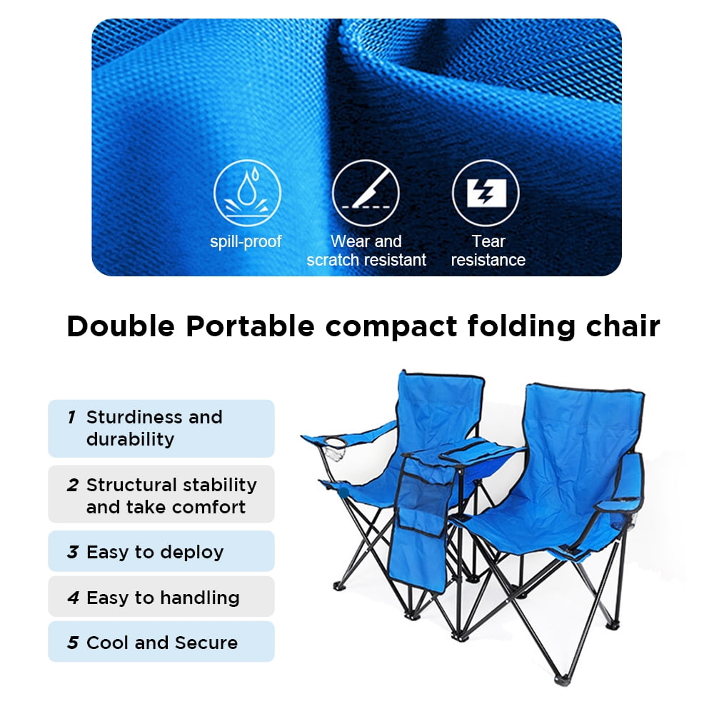 COWIN Outdoor Foldable Picnic Double Chair ,Camping Chairs with Umbrella Camping Double Portable Chairs Folding Beach Chair with Insulation Bag,Backpacking Blue