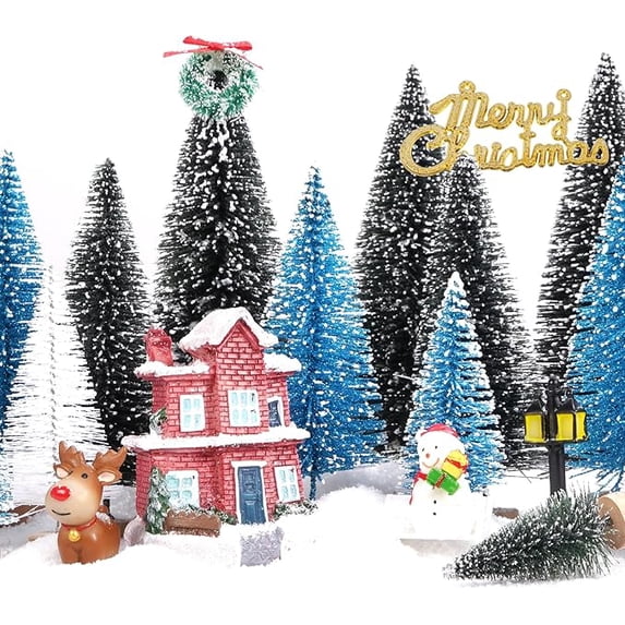 Cowin 30Pcs Mini Christmas Trees Decor, Artificial Christmas Tree 5 Sizes with Wooden Base for Christmas Decor Christmas Party Home Table Craft Decorations (Green+blue+white)