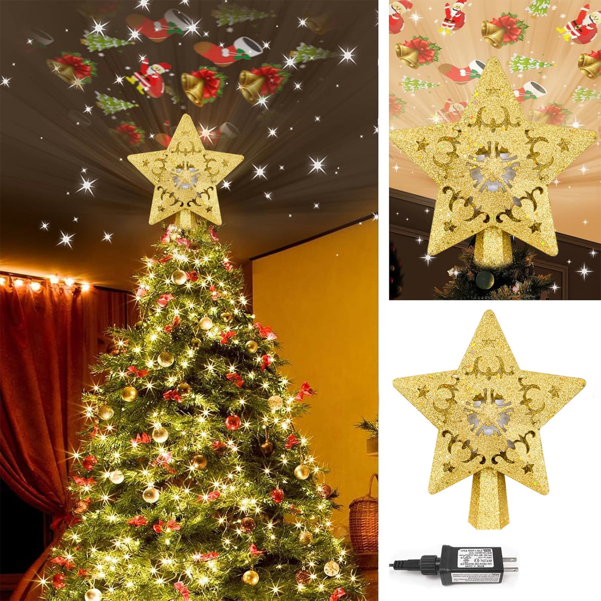 Cowin Christmas Tree Star Topper, Built-in Led Santa Claus Projector Pentagram Plug in Christmas Tree Ornament for Indoor Christmas New Year Holiday Tree Decor (Golden)