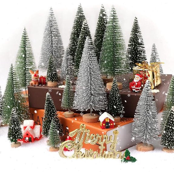 Cowin 30 Pcs Mini Christmas Trees Decor, Artificial Christmas Tree 5 Sizes with Wooden Base for Christmas Decor Christmas Party Home Table Craft Decorations (Silver+Green)