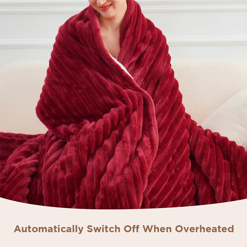 Cowin Heated Blanket Electric Throw, 84"*90" Heating Blanket Flannel Throw, 6 Heat Levels & 0.5-10 Hours Auto-Off, with Over-Heat Protection, Queen Size Machine Washable, Red and White