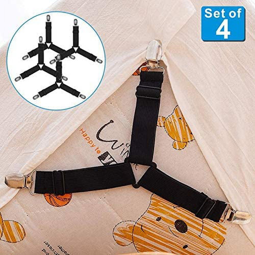 Adjustable Bed Sheet Holder Straps, Triangle Non-Slip Elastic Mattress Corner Clips with Heavy Duty Grippers Clips (Set of 4)