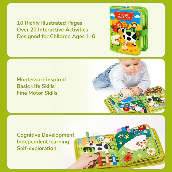 Cowin Busy Board Farm Busy Book Developing Sensory Board Montessori Toys for Toddler Travel Toys Green
