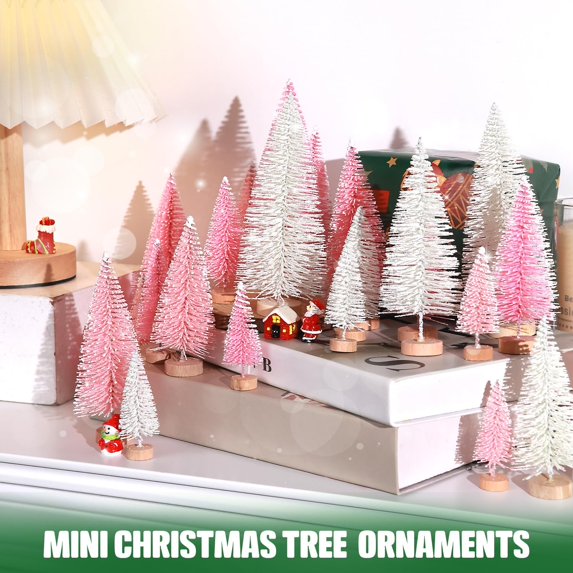 Cowin 30Pcs Mini Christmas Trees Decor, Artificial Christmas Tree 5 Sizes with Wooden Base for Christmas Decor Christmas Party Home Table Craft Decorations (Pink+white)