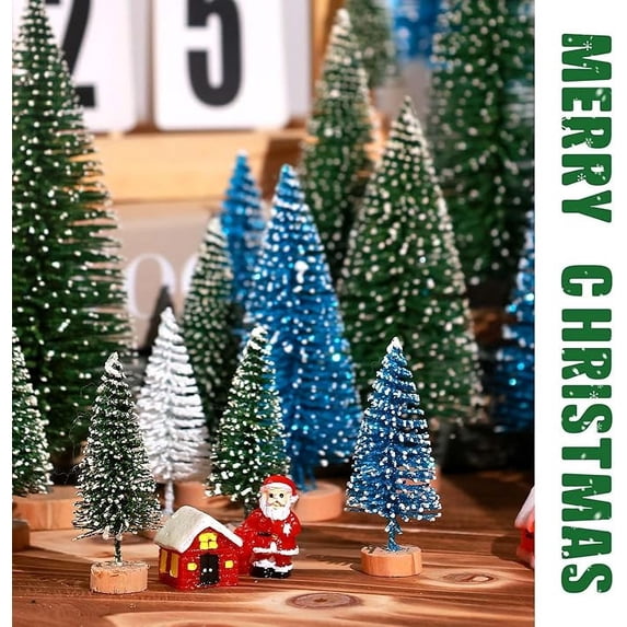 Cowin 30Pcs Mini Christmas Trees Decor, Artificial Christmas Tree 5 Sizes with Wooden Base for Christmas Decor Christmas Party Home Table Craft Decorations (Green+blue+white)