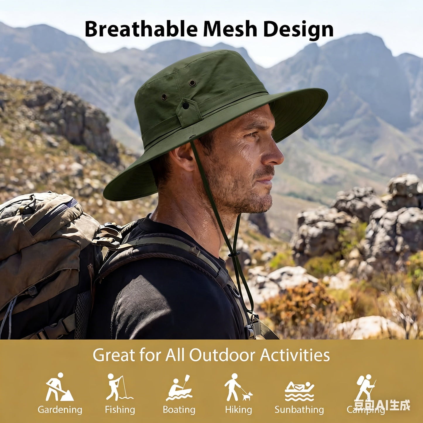 Cowin Sun Hat for Men Sun Protection Wide Brim Bucket Hat Waterproof Breathable Packable Boonie Hat for Fishing Green