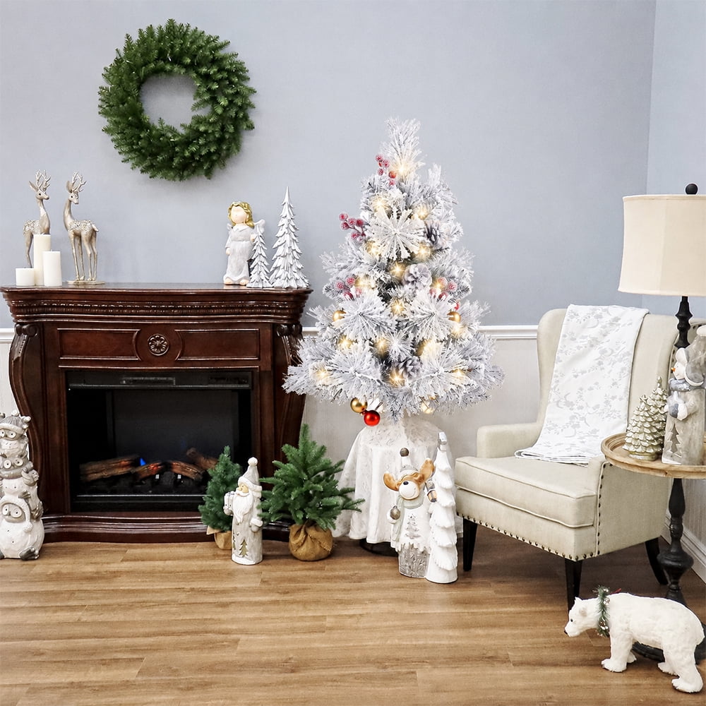 Cowin 25.1in Artificial Christmas Trees Set of 2 Pre-Lit Mini Christmas Trees with 30 LED Lights, Bright Ball, Pine, Berries for Indoor Outdoor Decor