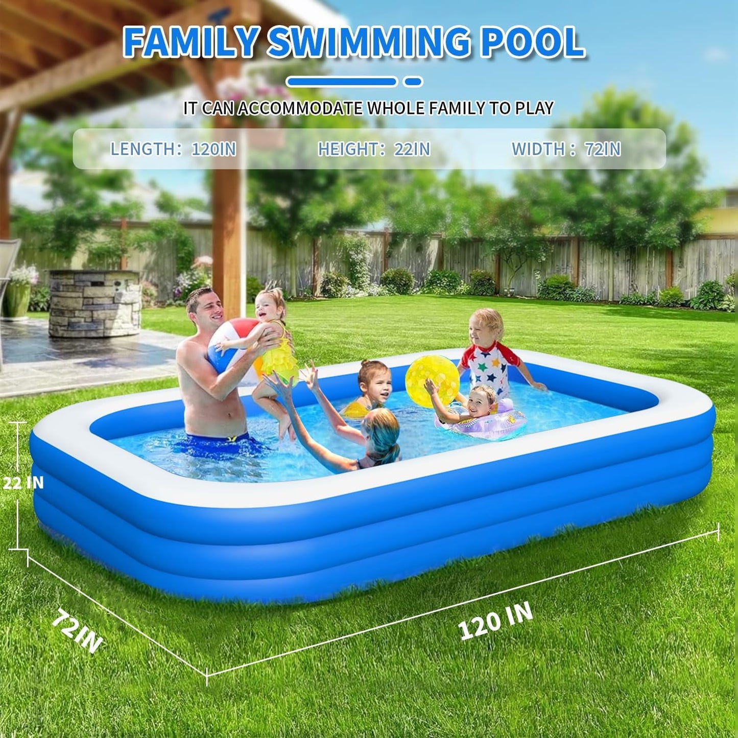 Cowin Inflatable Swimming Pool for Kids Adults, 120" x 72" x 22" Blow up Pool, Family Inflatable Swimming Pools for Backyard, Blue
