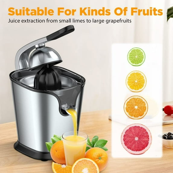 Electric Citrus Juicer for Orange Lemon Lime Grapefruit Juice, 150W Squeezer with Soft Rubber Grip, Stainless Steel Filter and Anti-drip Spout Lock - Silver