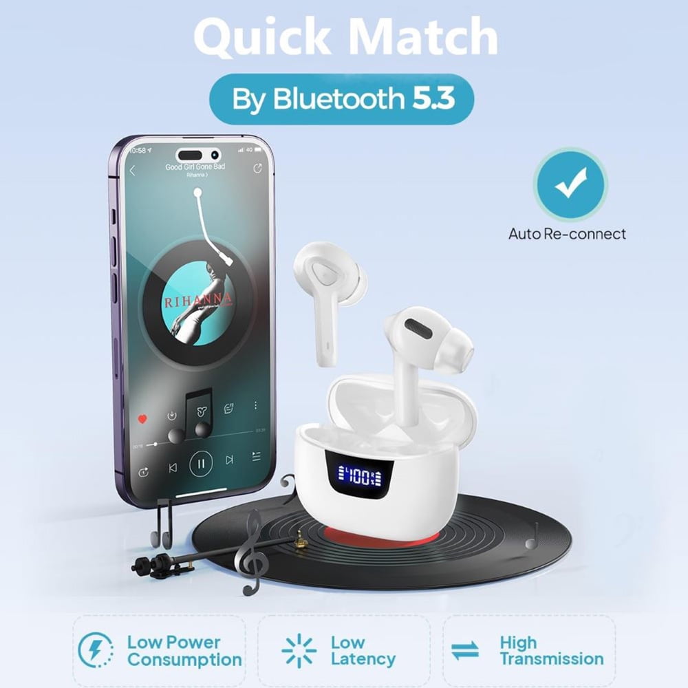 True Wireless Bluetooth Earbuds with Smart LED Display Charging Case , Bluetooth 5.3 Earbuds in-Ear TWS Stereo Headphones, IPX7 Waterproof in Ear Earphones, White