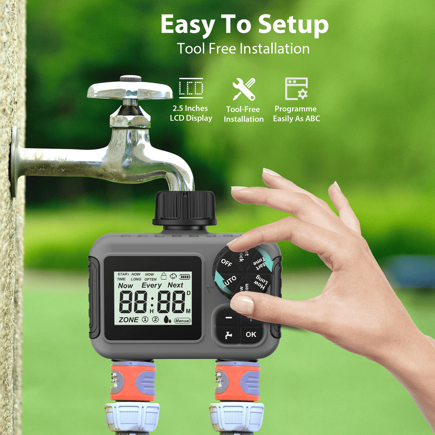 Cowin Sprinkler Timer 2 Outlet, Outdoor Garden Hose Faucet Timers with Rain Delay/Manual/Automatic Watering System, Digital Irrigation Timer for Yard, Gray