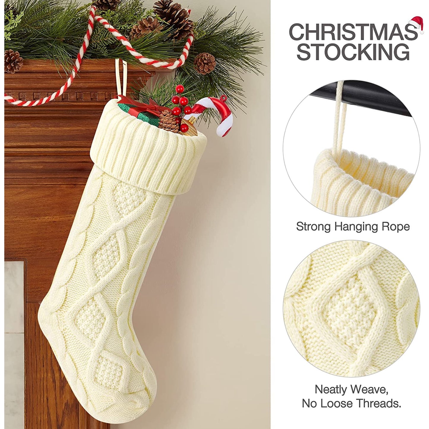 COWIN 6 Pack Knit Christmas Stockings, 18" Cable Knitted Stocking Decorations Xmas Rustic Farmhouse for Family Holiday Season, Burgundy, Ivory White, Green