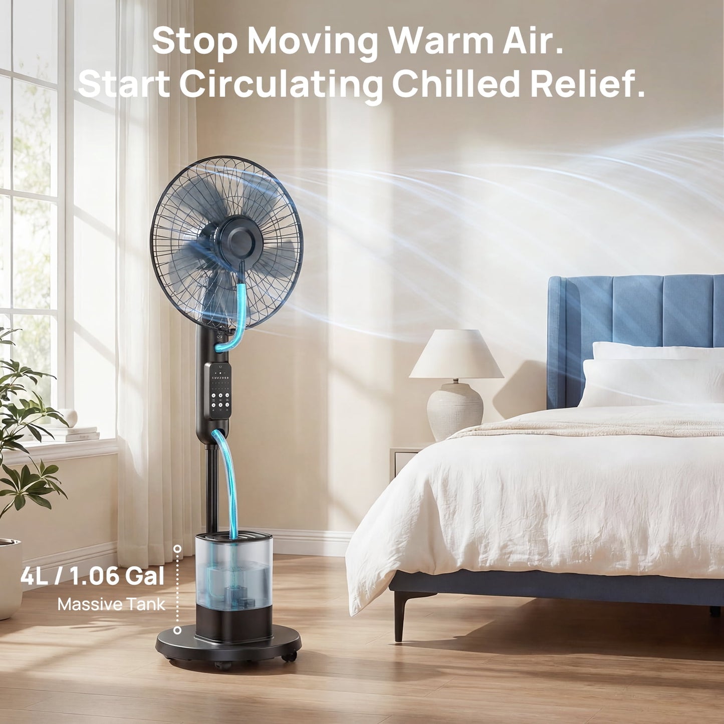 Pedestal Misting Fan, Mister Cooling Fan with 4L Large Water Tank, 5 Speeds 3 Modes Misting Standing Fan, Floor Fan with Remote for Home Bedroom Patio Outdoor
