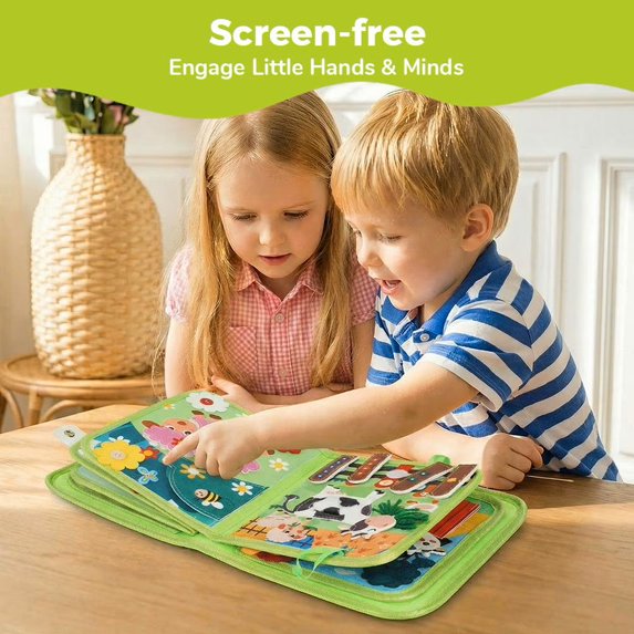 Cowin Busy Board Farm Busy Book Developing Sensory Board Montessori Toys for Toddler Travel Toys Green
