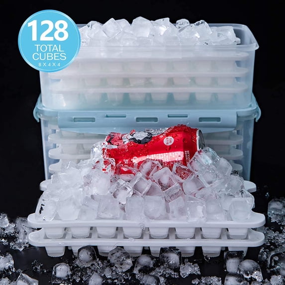 Cowin Silicone Ice Cube Tray with Lid, 4-Piece Mold for Big Ice Balls & Square Cubes, Blue