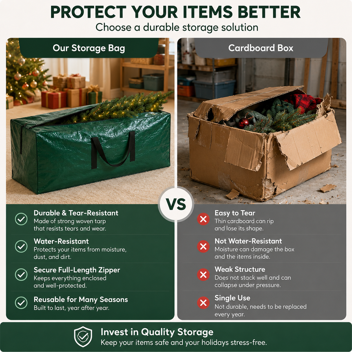 Cowin 9 ft Christmas Tree Storage Bag , for Big Artificial Xmas Tree/Holiday Trees, Green (60X20X30in)