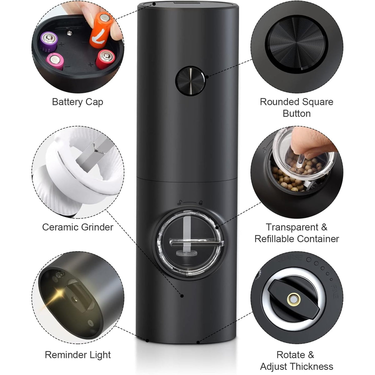 2 Pack Electric Salt and Pepper Grinder Set, Battery Powered - Automatic Salt Pepper Mill Grinder, Black