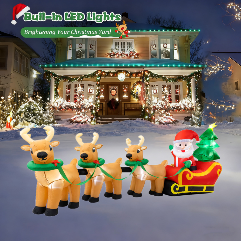 Lighted Christmas Inflatable Decoration 12 Ft Santa Claus on Sleigh with 3 Reindeer and Christmas Tree