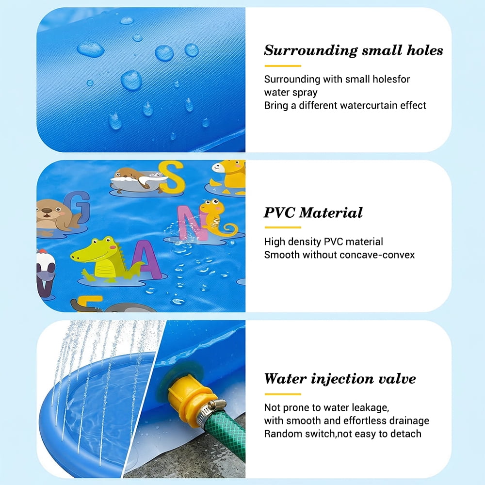 Non-Slip Splash Pad for Kids & Dog, 67'' Blue Water Play Mat for Outdoor Lawn Games, with Animals and Letters from A to Z