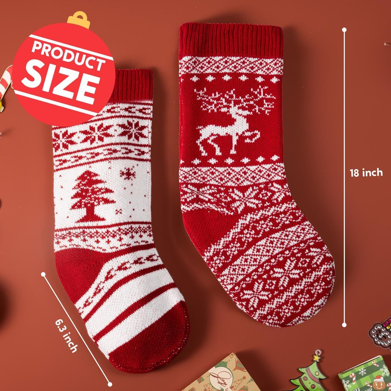 4 Pieces 18" Knit Christmas Stockings Reindeer Christmas Tree Snowflakes Knitted Stocking Christmas Ornaments Hanging Rustic Stocking Decorations Tree