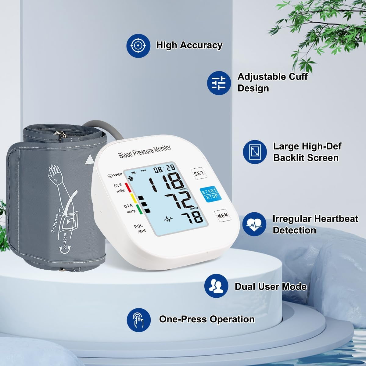 Cowin Blood Pressure Monitor Upper Arm Fit Reno Blood Pressure Cuff 8.7”- 15.7” Monitor Backlight Display HR Detection Digital BP Machine