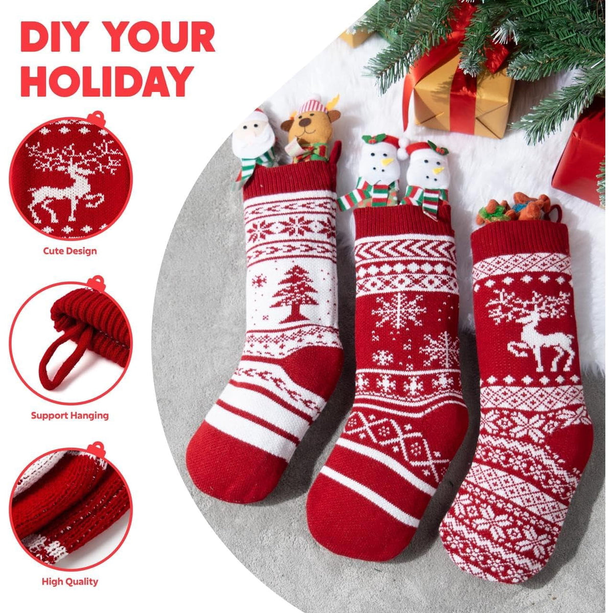 4 Pieces 18" Knit Christmas Stockings Reindeer Christmas Tree Snowflakes Knitted Stocking Christmas Ornaments Hanging Rustic Stocking Decorations Tree