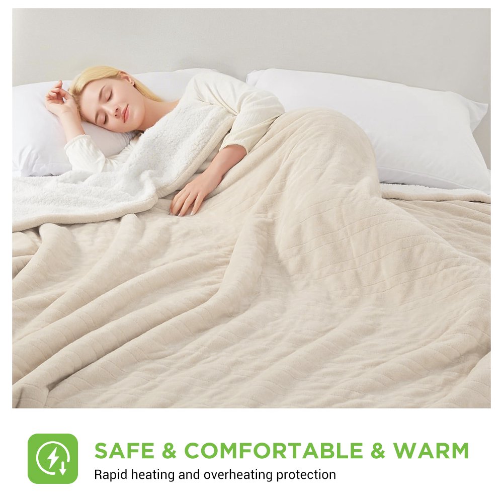 COWIN Electric Blanket King Size,Flannel and Soft Cotton Fleece Heated Blanket with 10 Heating Levels & 1-8 Hours Auto Shut Off, Machine Washable, Beige, 100" x 90"