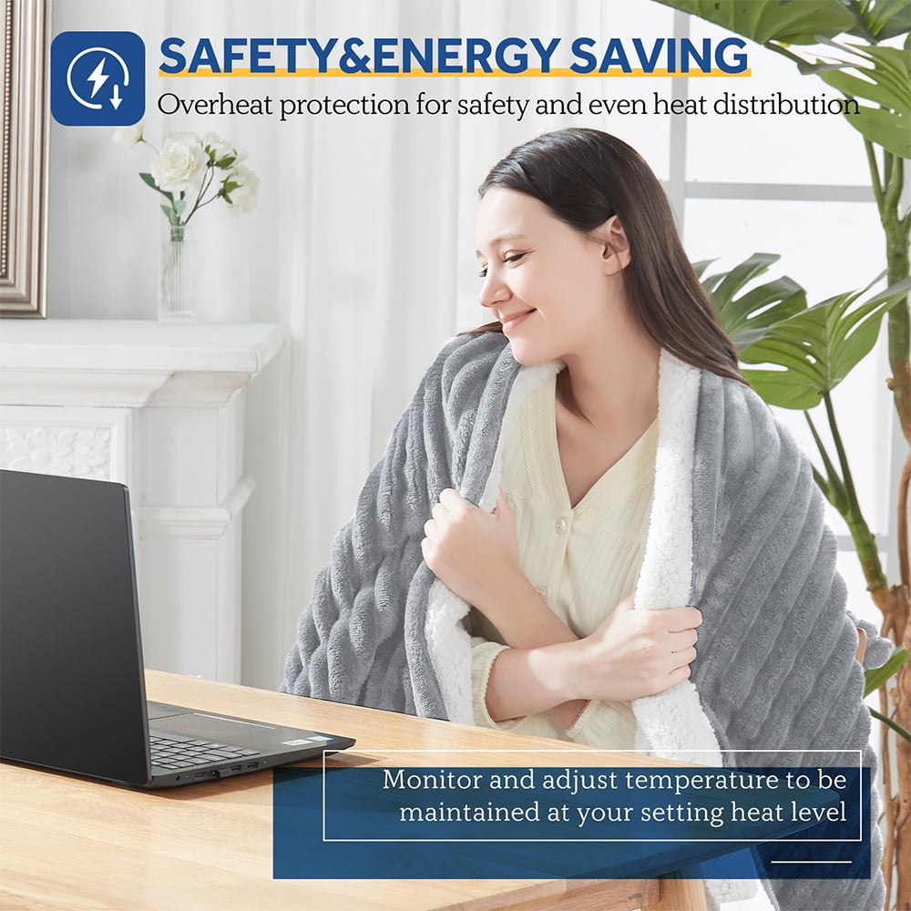 Electric Heated Blanket - 62"x84" Heating Blanket with 1-8 hours Auto-off, 6 Level Over-heat Protection, Soft Flannel, Electric Blanket ETL/FCC Certification