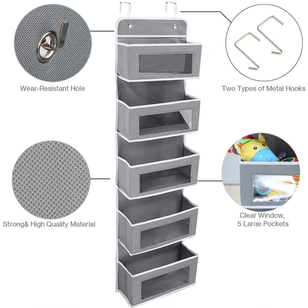 Cowin Over The Door Pocket Organizer Fabric Hanging Closet Clear Window Storage Bag with Mental Hooks Gray for Pantry Baby Nursery Bathroom Closet Dorm, Gray
