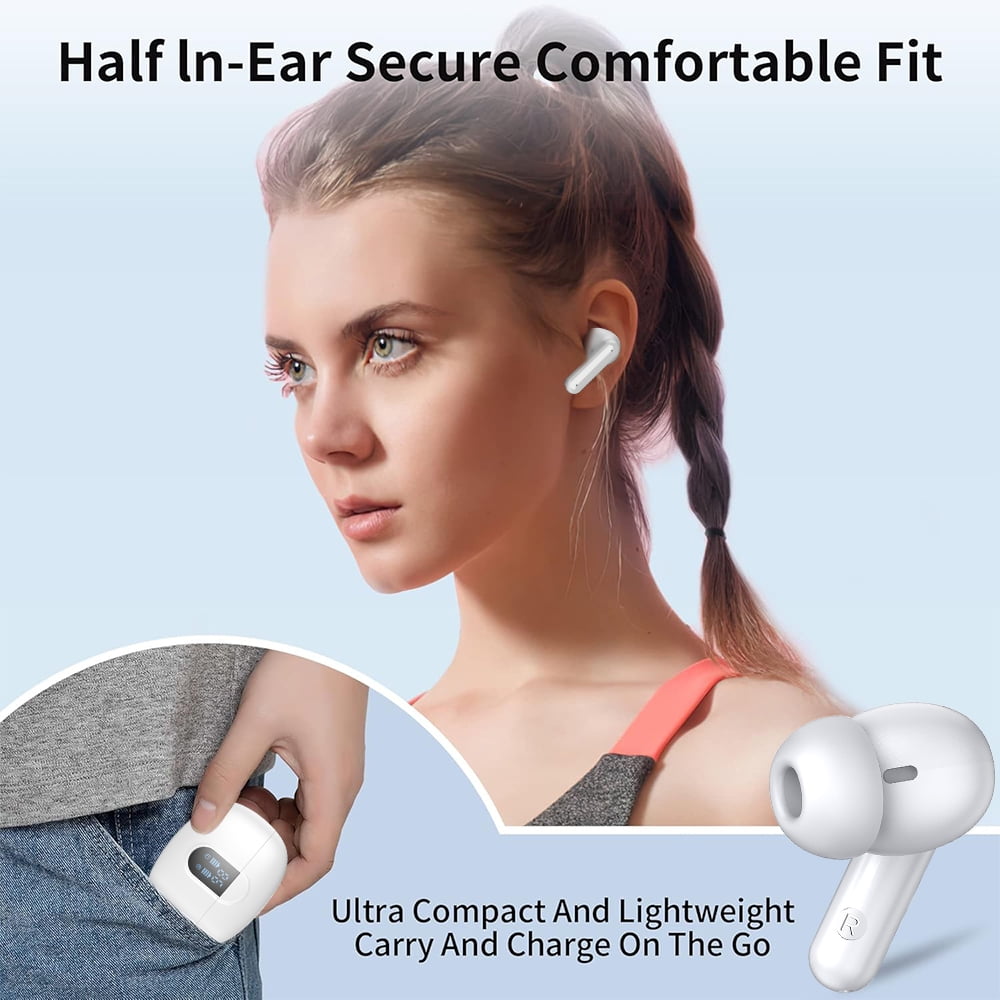 Wireless Earbuds Bluetooth Headphones, with LED Display Charging Case, Waterproof In-Ear Earphones with Mic for iPhone /Android /PC /Laptop, White