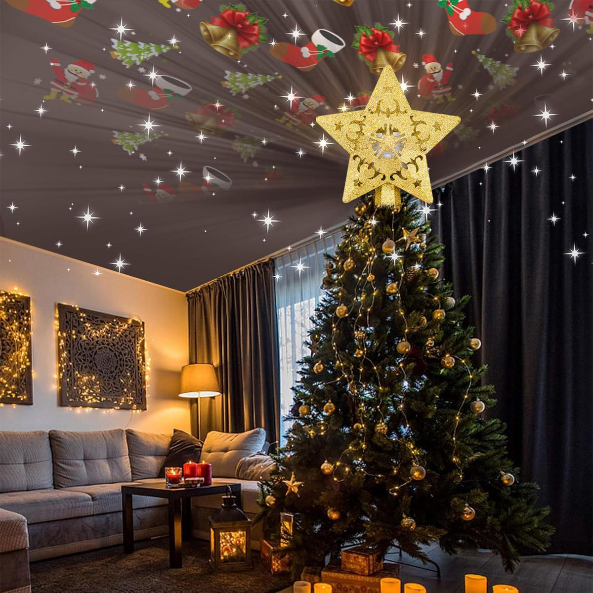 Cowin Christmas Tree Star Topper, Built-in Led Santa Claus Projector Pentagram Plug in Christmas Tree Ornament for Indoor Christmas New Year Holiday Tree Decor (Golden)