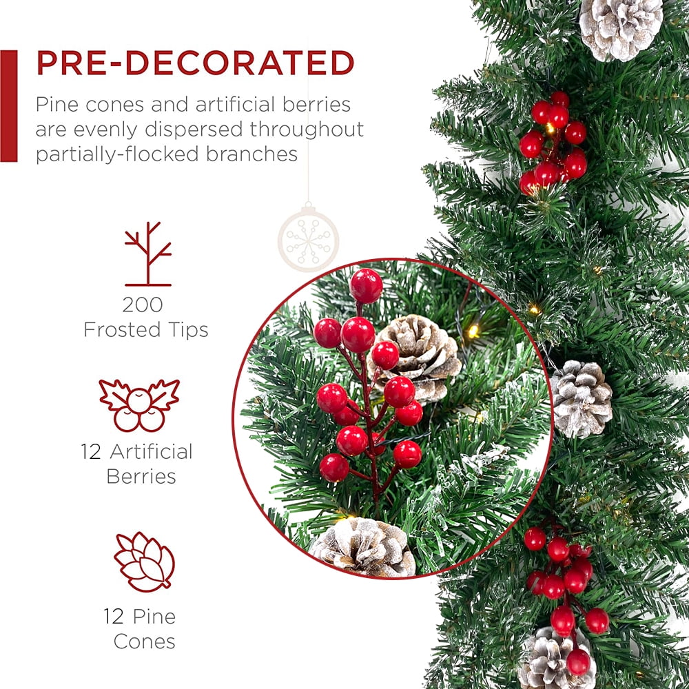 Cowin 9ft Pre-Lit Christmas Garland with 50 Waterproof LED Light and Pine Cones and Berries, 220 Branches Battery Operated Christmas Garland Decoration for Xmas Holiday Party