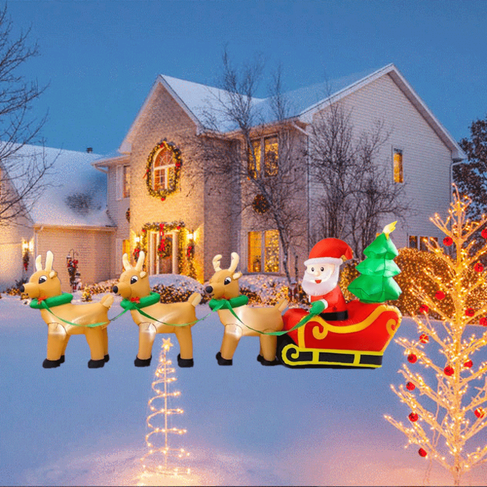 Lighted Christmas Inflatable Decoration 12 Ft Santa Claus on Sleigh with 3 Reindeer and Christmas Tree
