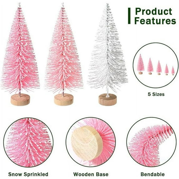 Cowin 30Pcs Mini Christmas Trees Decor, Artificial Christmas Tree 5 Sizes with Wooden Base for Christmas Decor Christmas Party Home Table Craft Decorations (Pink+white)