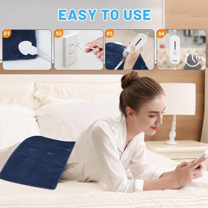 12" x 24" Heating Pad for Back Neck and Shoulder Pain Relief with 3 Heat Settings, Auto Shut Off, Machine Washable, Blue